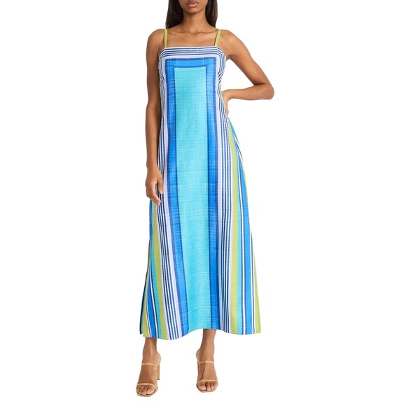 Donna Morgan Dresses & Skirts - Donna Morgan Lime Blue Striped Maxi Dress Spaghetti Strap Side Slit Size 16 NEW